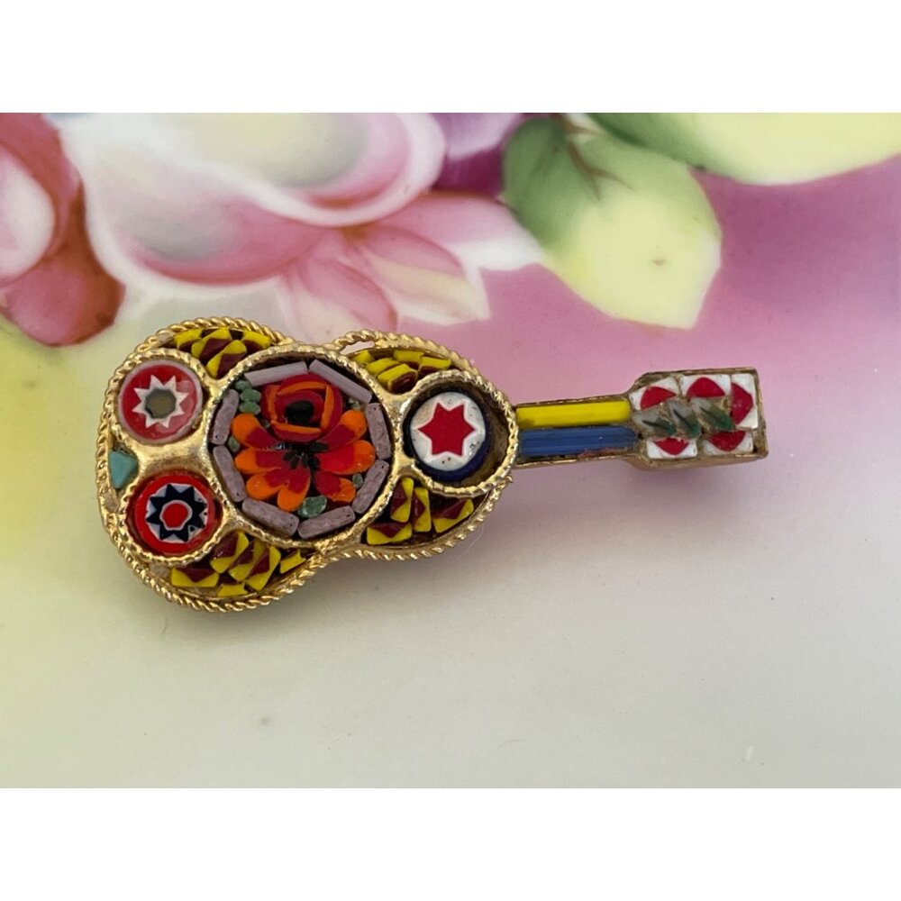 Vintage 1960s Multicolor Micro Mosaic Glass Tile Guitar  Brooch